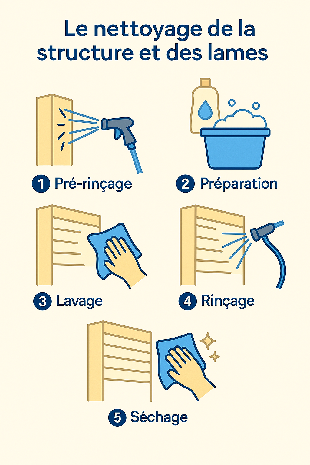 Le Nettoyage de la Structure et des Lames (Étape par Étape), Pré-rinçage : Arroser l'ensemble de la structure avec un jet d'eau à faible pression pour éliminer les poussières et les débris non adhérents. Préparation : Dans le seau d'eau tiède, diluer une petite quantité de détergent doux. Lavage : À l'aide du premier chiffon microfibre imbibé d'eau savonneuse, nettoyer toutes les surfaces (poteaux, poutres, lames) en effectuant des mouvements doux. Utiliser la brosse souple pour les angles et les jonctions. Rinçage : Rincer abondamment toute la structure à l'eau claire avec le tuyau d'arrosage pour éliminer toute trace de savon. Séchage : Essuyer les surfaces avec le second chiffon microfibre propre et sec. Cette étape est particulièrement importante pour éviter les traces de calcaire et obtenir une finition parfaite.