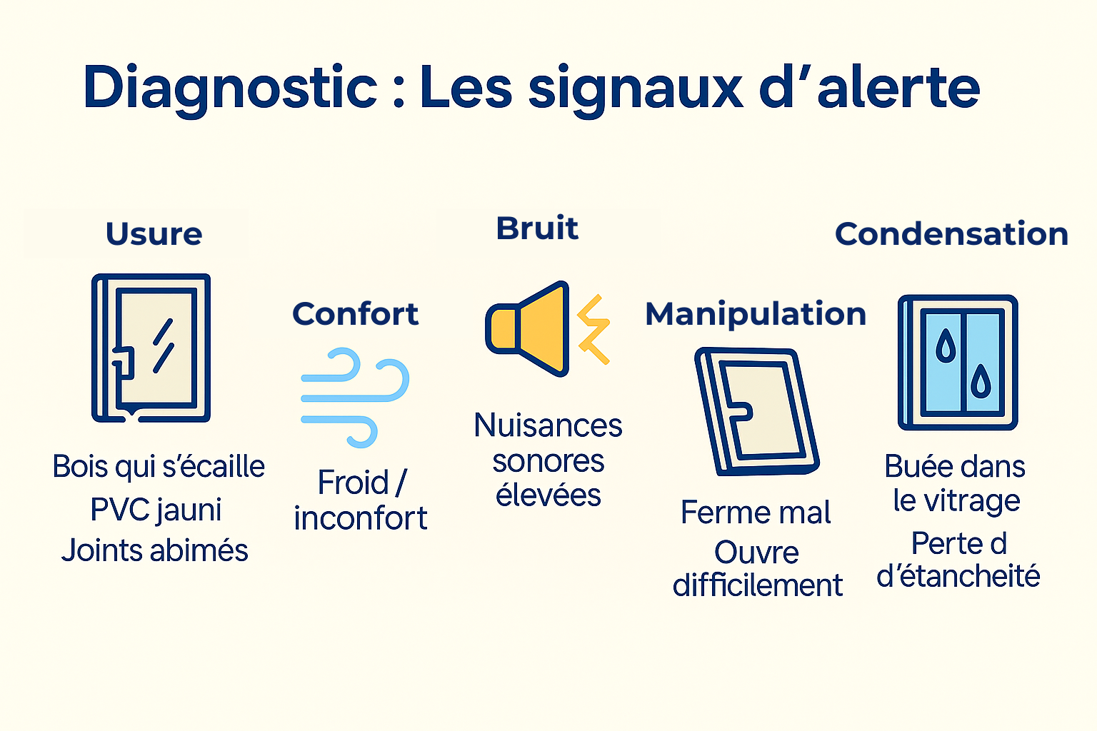 Les 5 signaux d'alerte pour un Diagnostic. Usure, confort, bruit, manipulation, condensation