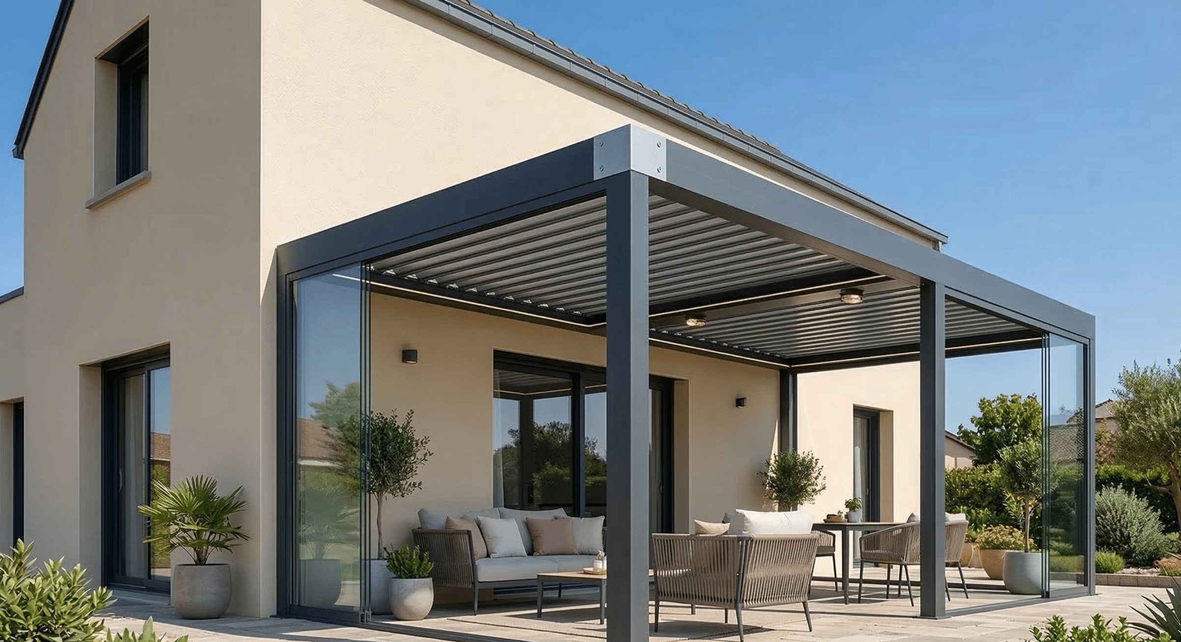 Pergola bioclimatique aluminium anthracite A2B Concept installée à Saint-Cyr-au-Mont-d'Or