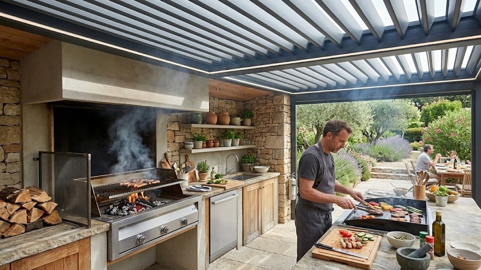 Cuisine d'été sous une pergola bioclimatique : sécurité barbecue, plancha et aération
