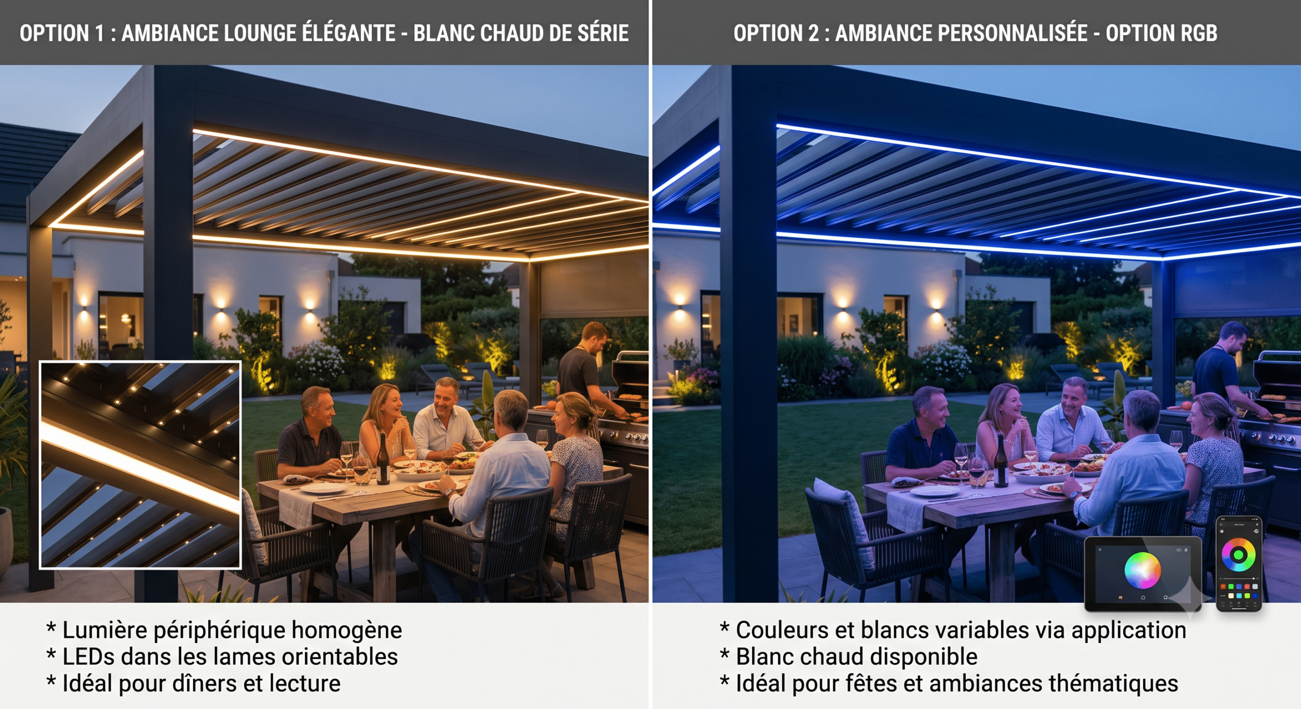 L'éclairage LED intégré de série sur nos pergolas