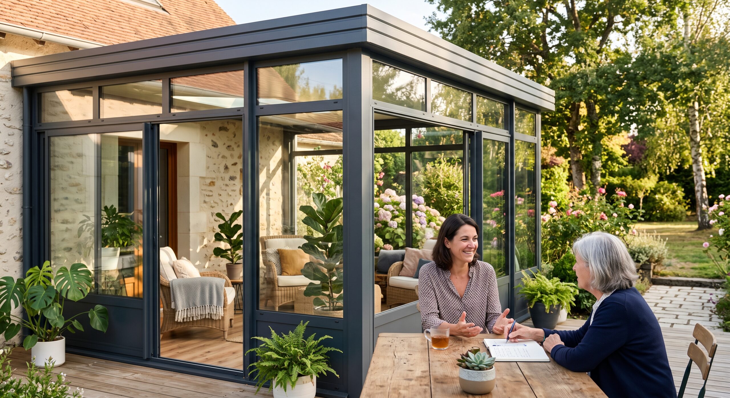 Véranda aluminium sur mesure A2B Concept installée à Dardilly